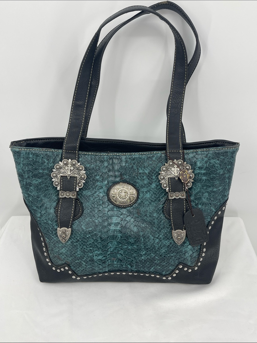 P&G Teal Textured Tote/SHOULDER Bag with Silver Conchos and Buckles